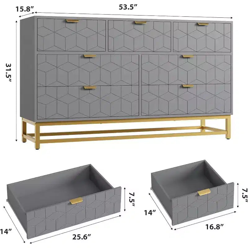 Commode de chambre à coucher 53,5 po, commode triple moderne à 7 tiroirs avec accents dorés, organisateur de rangement long pour meuble TV et placard, grande commode à tiroirs