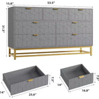 Commode de chambre à coucher 53,5 po, commode triple moderne à 7 tiroirs avec accents dorés, organisateur de rangement long pour meuble TV et placard, grande commode à tiroirs