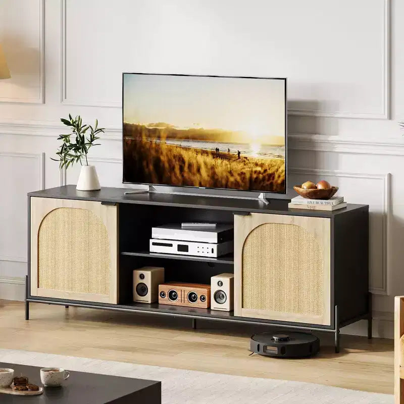 Rattan TV Stand for TV up to 75 Inches, Mid Century Modern TV Console Table with 2 Cabinets and 2 Open Compartments for Bedroom Black