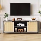 Meuble TV en rotin pour téléviseurs jusqu'à 75 pouces, console TV moderne du milieu du siècle avec 2 placards et 2 compartiments ouverts pour chambre, noir