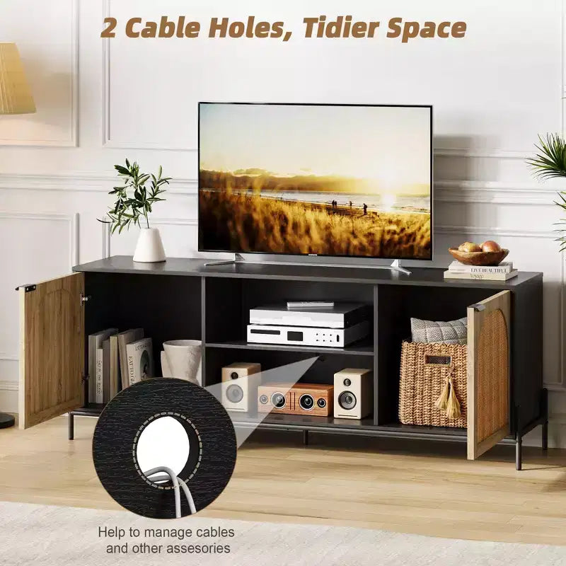Meuble TV en rotin pour téléviseurs jusqu'à 75 pouces, console TV moderne du milieu du siècle avec 2 placards et 2 compartiments ouverts pour chambre, noir