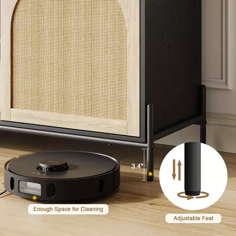 Meuble TV en rotin pour téléviseurs jusqu'à 75 pouces, console TV moderne du milieu du siècle avec 2 placards et 2 compartiments ouverts pour chambre, noir