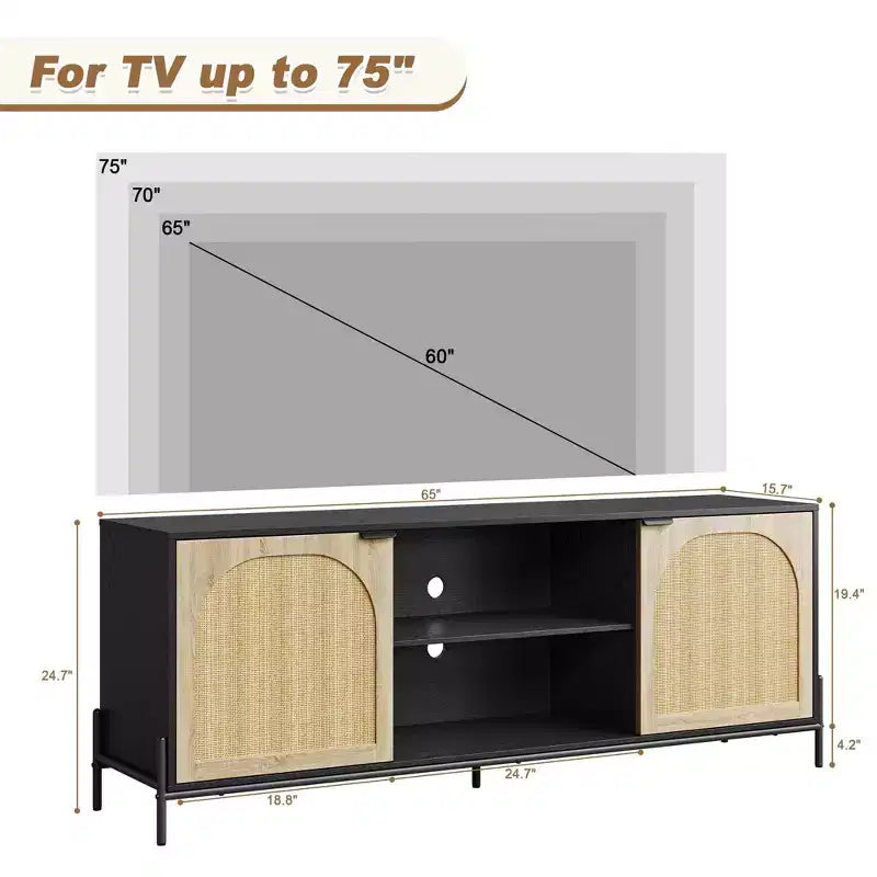 Meuble TV en rotin pour téléviseurs jusqu'à 75 pouces, console TV moderne du milieu du siècle avec 2 placards et 2 compartiments ouverts pour chambre, noir