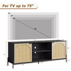 Meuble TV en rotin pour téléviseurs jusqu'à 75 pouces, console TV moderne du milieu du siècle avec 2 placards et 2 compartiments ouverts pour chambre, noir