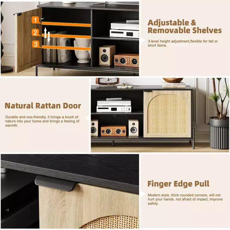 Meuble TV en rotin pour téléviseurs jusqu'à 75 pouces, console TV moderne du milieu du siècle avec 2 placards et 2 compartiments ouverts pour chambre, noir