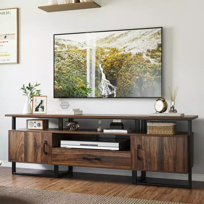 TROPOW Mid Century Modern TV Stand - 75 Inch Entertainment Center with Storage & Drawer, Industrial Console for Living Room, Rustic Brown
