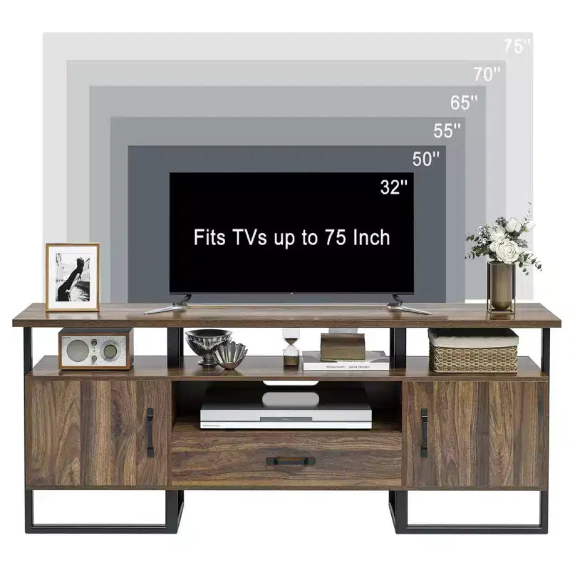 Meuble TV moderne du milieu du siècle TROPOW - Meuble de divertissement de 190 cm avec rangement et tiroir, console industrielle pour salon, marron rustique
