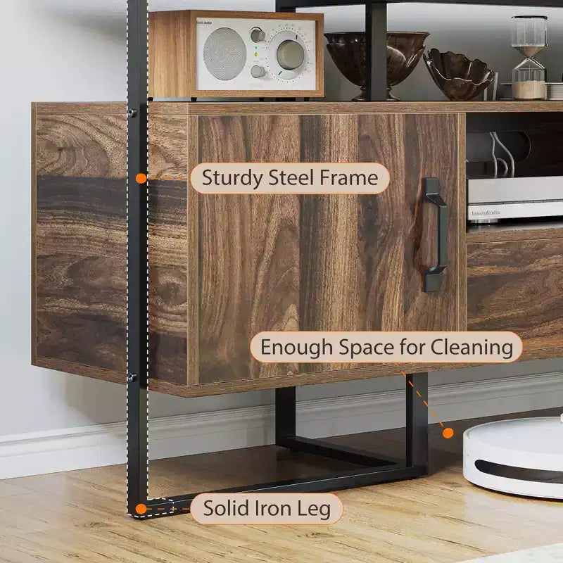 Meuble TV moderne du milieu du siècle TROPOW - Meuble de divertissement de 190 cm avec rangement et tiroir, console industrielle pour salon, marron rustique