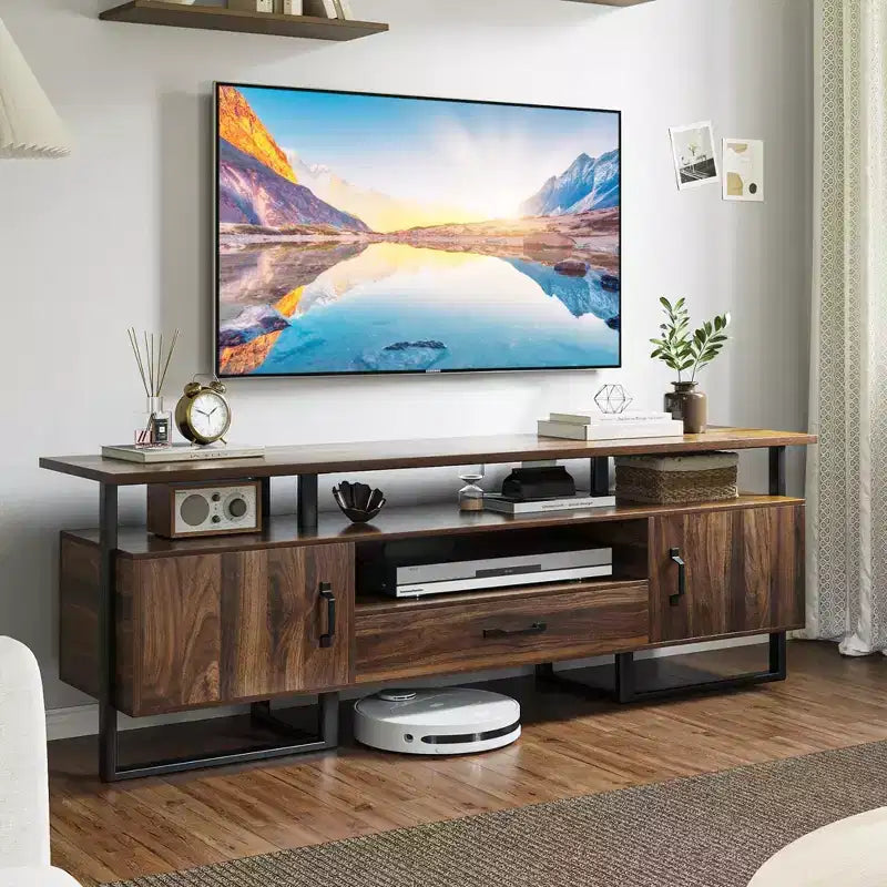 Meuble TV moderne du milieu du siècle TROPOW - Meuble de divertissement de 190 cm avec rangement et tiroir, console industrielle pour salon, marron rustique