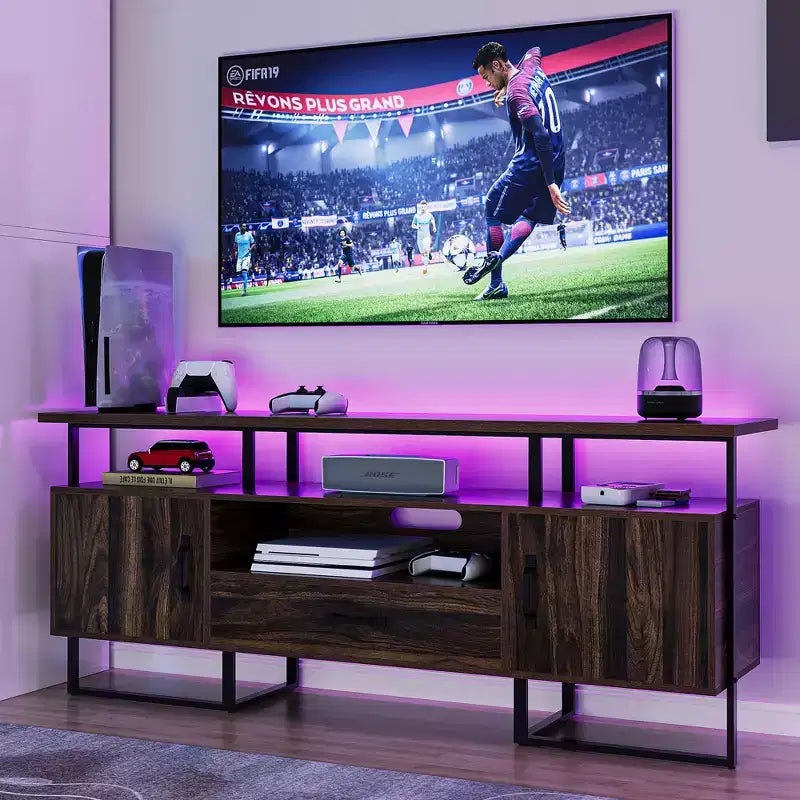 Meuble TV moderne du milieu du siècle TROPOW - Meuble de divertissement de 190 cm avec rangement et tiroir, console industrielle pour salon, marron rustique