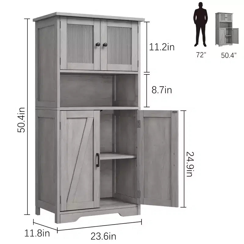 Meuble de Salle de Bain Haut avec 4 Portes et Étagères Réglables, Meuble de Rangement de Salle de Bain Autonome de 50 cm, Armoire de Ferme pour Cuisine, Salon