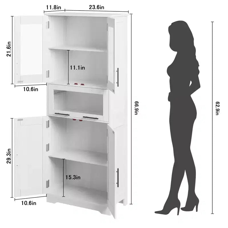 Meuble de rangement de salle de bain haut GustoWave avec portes en verre et étagère réglable, meuble de garde-manger, armoires hautes autoportantes pour buanderie