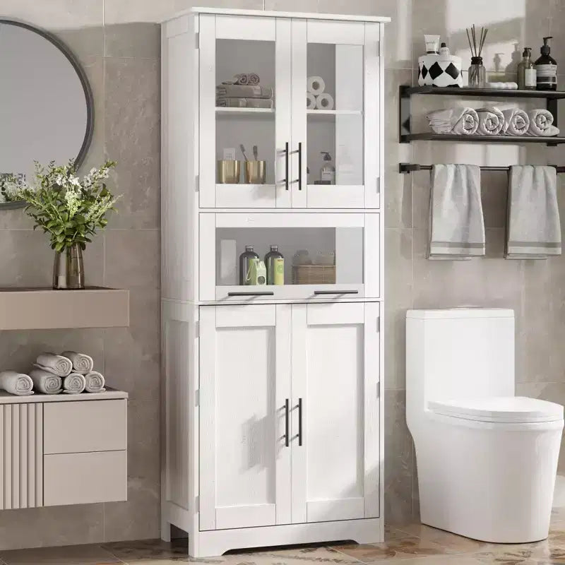 Meuble de rangement de salle de bain haut GustoWave avec portes en verre et étagère réglable, meuble de garde-manger, armoires hautes autoportantes pour buanderie