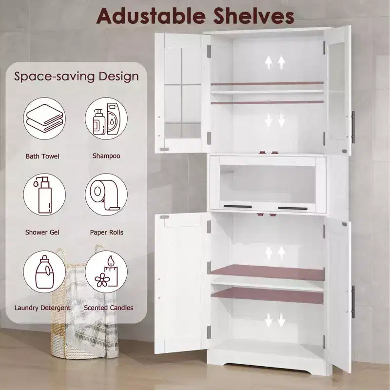 Meuble de rangement de salle de bain haut GustoWave avec portes en verre et étagère réglable, meuble de garde-manger, armoires hautes autoportantes pour buanderie