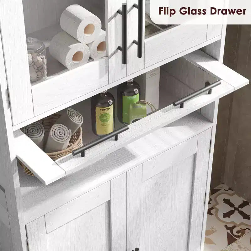 Meuble de rangement de salle de bain haut GustoWave avec portes en verre et étagère réglable, meuble de garde-manger, armoires hautes autoportantes pour buanderie