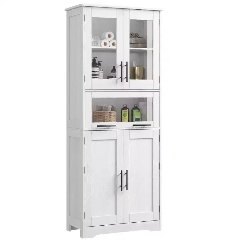 Meuble de rangement de salle de bain haut GustoWave avec portes en verre et étagère réglable, meuble de garde-manger, armoires hautes autoportantes pour buanderie