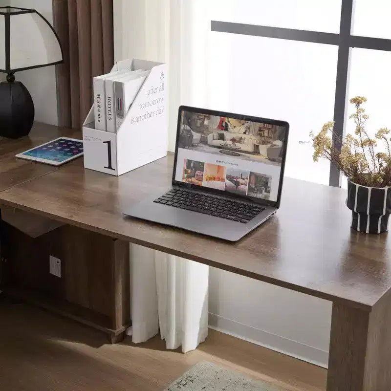 Bureau d'angle en L avec plateau relevable de 180 cm, tiroirs de rangement, caisson de classement et station de charge pratique, bureau d'ordinateur pour bureau à domicile, bureau de direction en bois