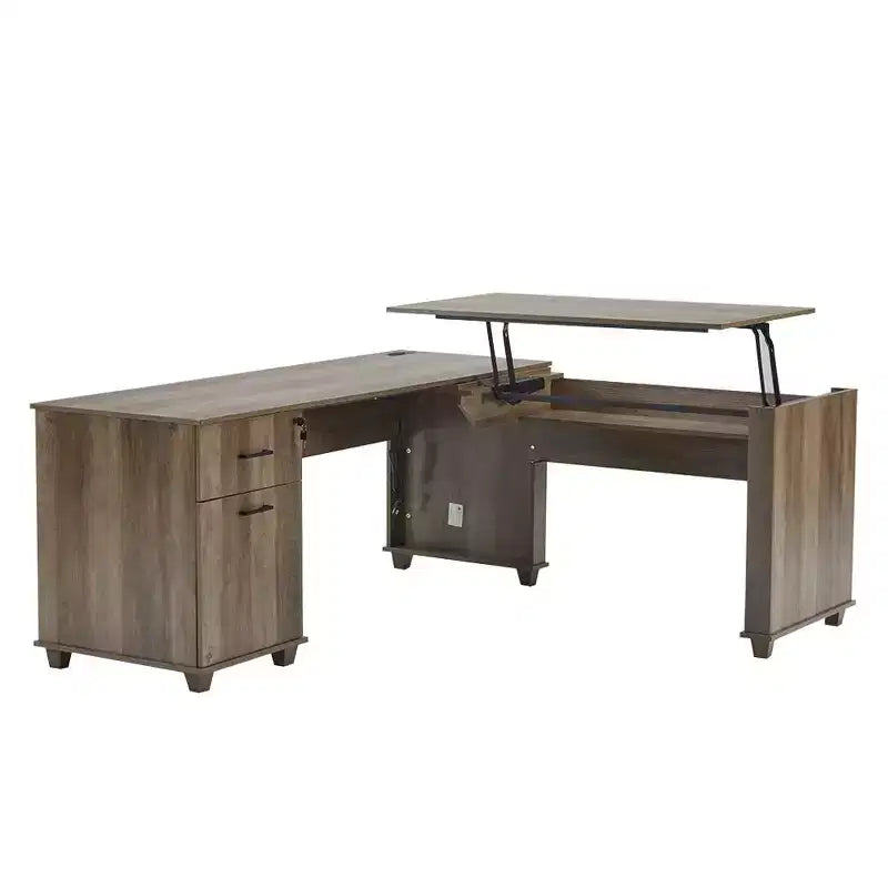 Bureau d'angle en L avec plateau relevable de 180 cm, tiroirs de rangement, caisson de classement et station de charge pratique, bureau d'ordinateur pour bureau à domicile, bureau de direction en bois