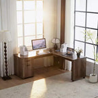 Bureau d'angle en L avec plateau relevable de 180 cm, tiroirs de rangement, caisson de classement et station de charge pratique, bureau d'ordinateur pour bureau à domicile, bureau de direction en bois