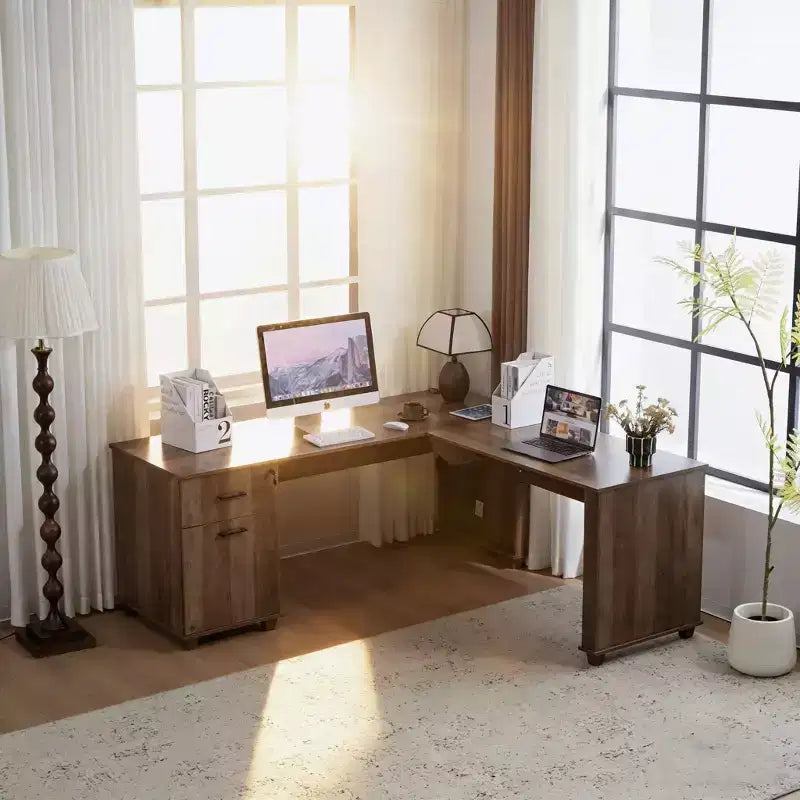 Bureau d'angle en L avec plateau relevable de 180 cm, tiroirs de rangement, caisson de classement et station de charge pratique, bureau d'ordinateur pour bureau à domicile, bureau de direction en bois