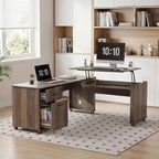 Bureau d'angle en L avec plateau relevable de 180 cm, tiroirs de rangement, caisson de classement et station de charge pratique, bureau d'ordinateur pour bureau à domicile, bureau de direction en bois