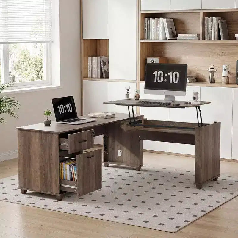 Bureau d'angle en L avec plateau relevable de 180 cm, tiroirs de rangement, caisson de classement et station de charge pratique, bureau d'ordinateur pour bureau à domicile, bureau de direction en bois