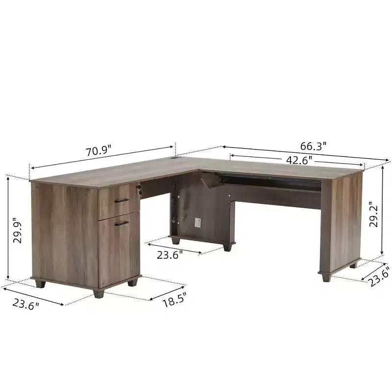Bureau d'angle en L avec plateau relevable de 180 cm, tiroirs de rangement, caisson de classement et station de charge pratique, bureau d'ordinateur pour bureau à domicile, bureau de direction en bois