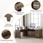Bureau d'angle en L avec plateau relevable de 180 cm, tiroirs de rangement, caisson de classement et station de charge pratique, bureau d'ordinateur pour bureau à domicile, bureau de direction en bois
