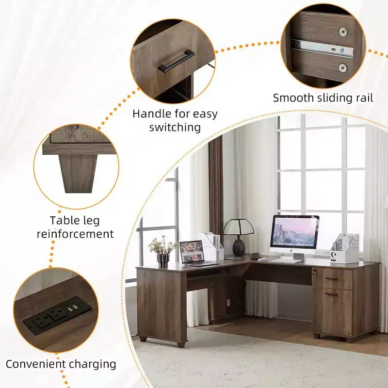 Bureau d'angle en L avec plateau relevable de 180 cm, tiroirs de rangement, caisson de classement et station de charge pratique, bureau d'ordinateur pour bureau à domicile, bureau de direction en bois
