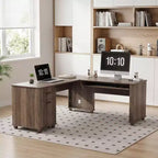 Bureau d'angle en L avec plateau relevable de 180 cm, tiroirs de rangement, caisson de classement et station de charge pratique, bureau d'ordinateur pour bureau à domicile, bureau de direction en bois