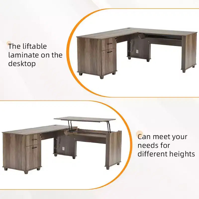 Bureau d'angle en L avec plateau relevable de 180 cm, tiroirs de rangement, caisson de classement et station de charge pratique, bureau d'ordinateur pour bureau à domicile, bureau de direction en bois