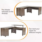 Bureau d'angle en L avec plateau relevable de 180 cm, tiroirs de rangement, caisson de classement et station de charge pratique, bureau d'ordinateur pour bureau à domicile, bureau de direction en bois
