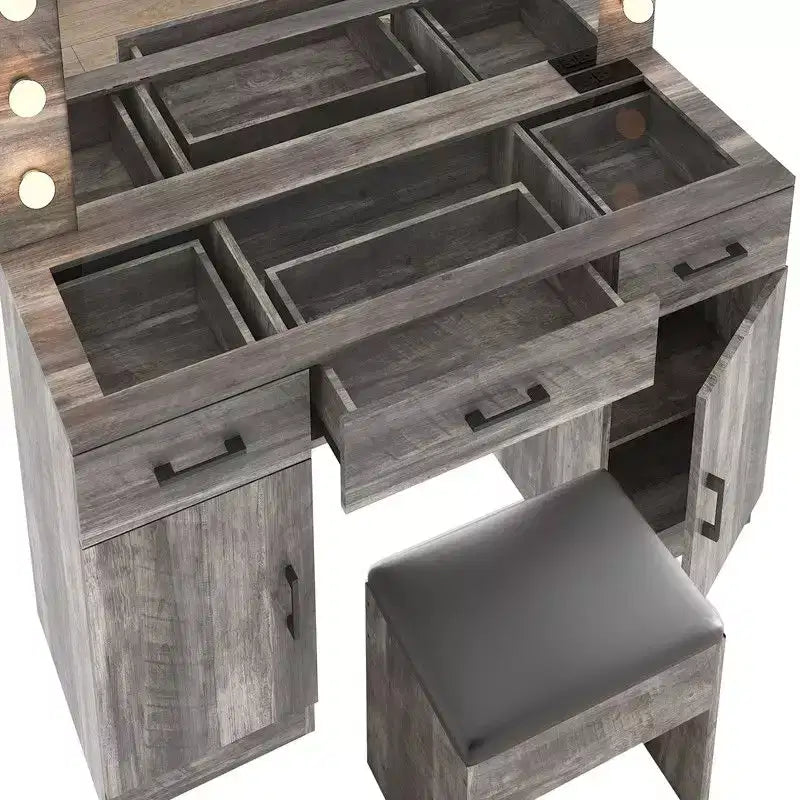 Table de toilette en lin gris, aggloméré avec triamine, 3 tiroirs, 2 portes, 12 ampoules à intensité réglable tricolores, prises intégrées, plateau en verre
