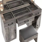 Table de toilette en lin gris, aggloméré avec triamine, 3 tiroirs, 2 portes, 12 ampoules à intensité réglable tricolores, prises intégrées, plateau en verre
