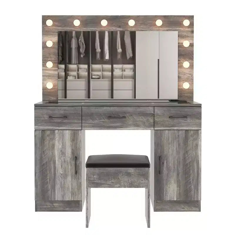 Table de toilette en lin gris, aggloméré avec triamine, 3 tiroirs, 2 portes, 12 ampoules à intensité réglable tricolores, prises intégrées, plateau en verre