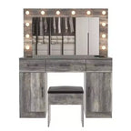 Table de toilette en lin gris, aggloméré avec triamine, 3 tiroirs, 2 portes, 12 ampoules à intensité réglable tricolores, prises intégrées, plateau en verre