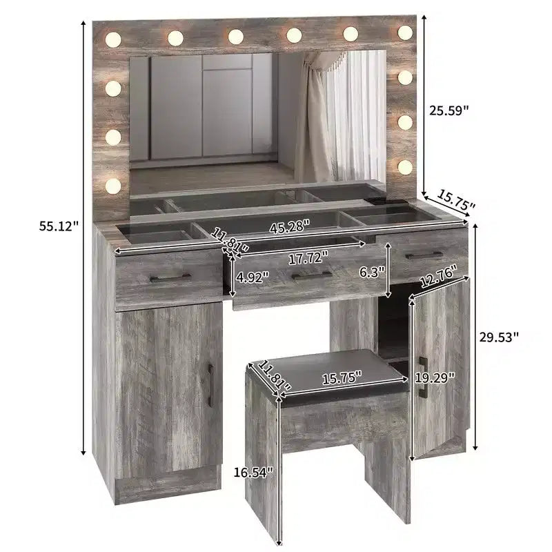 Table de toilette en lin gris, aggloméré avec triamine, 3 tiroirs, 2 portes, 12 ampoules à intensité réglable tricolores, prises intégrées, plateau en verre