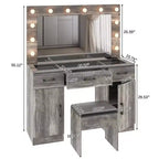 Table de toilette en lin gris, aggloméré avec triamine, 3 tiroirs, 2 portes, 12 ampoules à intensité réglable tricolores, prises intégrées, plateau en verre
