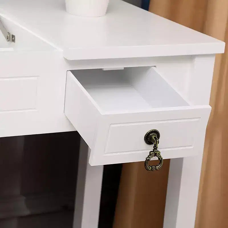 Coiffeuse deux tiroirs avec miroir relevable et pieds droits, peinte, en panneau de fibres de densité moyenne blanc