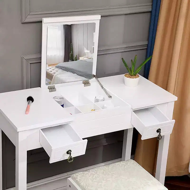 Coiffeuse deux tiroirs avec miroir relevable et pieds droits, peinte, en panneau de fibres de densité moyenne blanc
