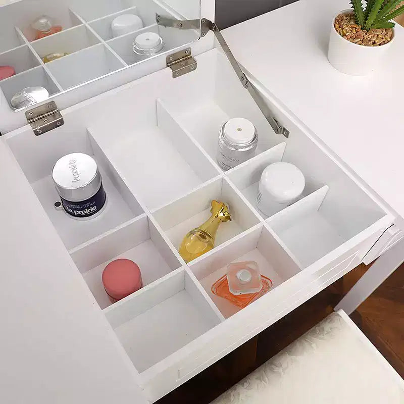 Coiffeuse deux tiroirs avec miroir relevable et pieds droits, peinte, en panneau de fibres de densité moyenne blanc