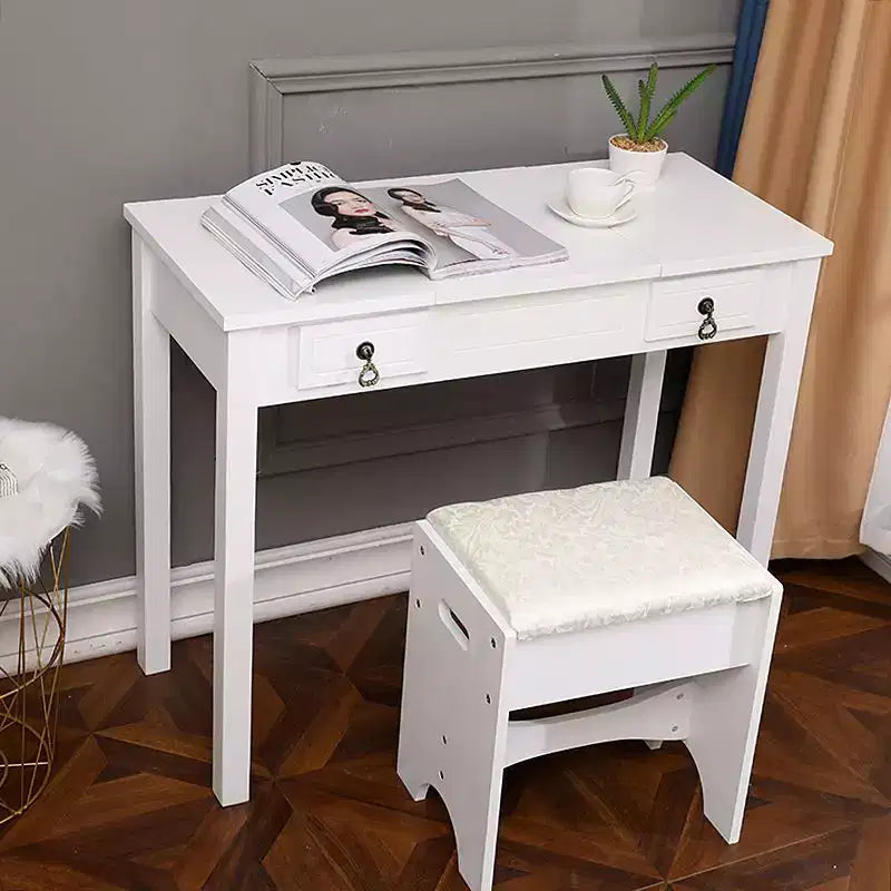 Coiffeuse deux tiroirs avec miroir relevable et pieds droits, peinte, en panneau de fibres de densité moyenne blanc
