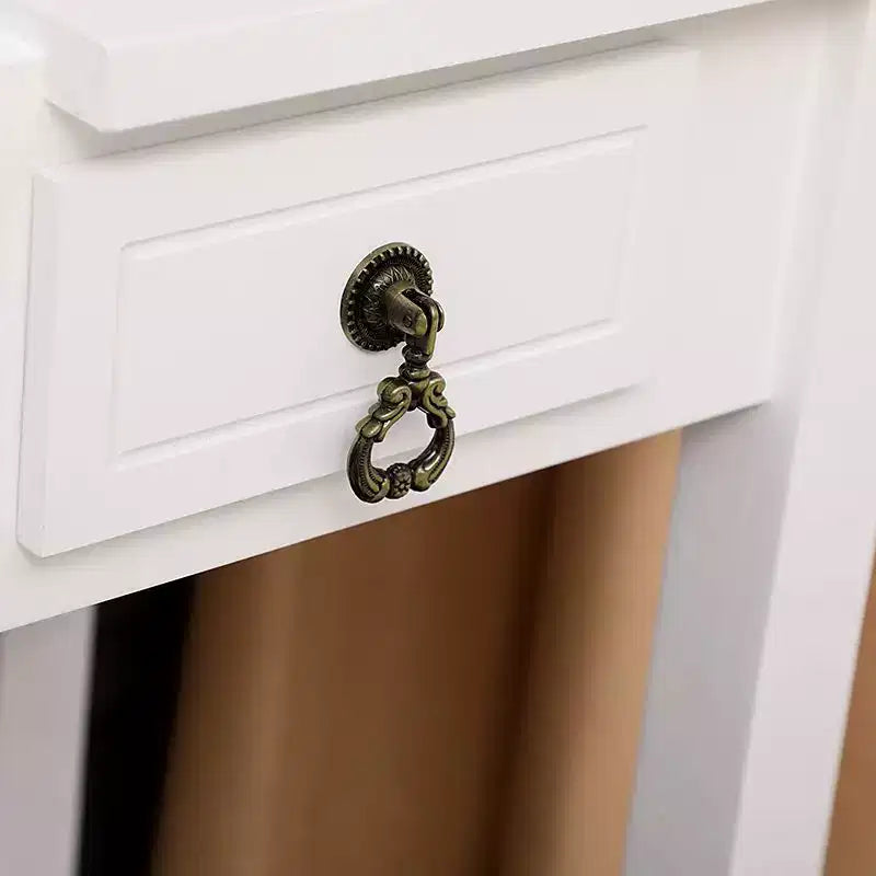 Coiffeuse deux tiroirs avec miroir relevable et pieds droits, peinte, en panneau de fibres de densité moyenne blanc