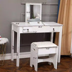 Coiffeuse deux tiroirs avec miroir relevable et pieds droits, peinte, en panneau de fibres de densité moyenne blanc