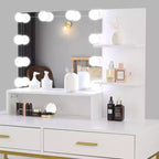 Table de toilette de luxe avec miroir, tiroirs, étagères, pieds en fer, ampoule dimmable, trois couleurs, panneau de particules en lin blanc