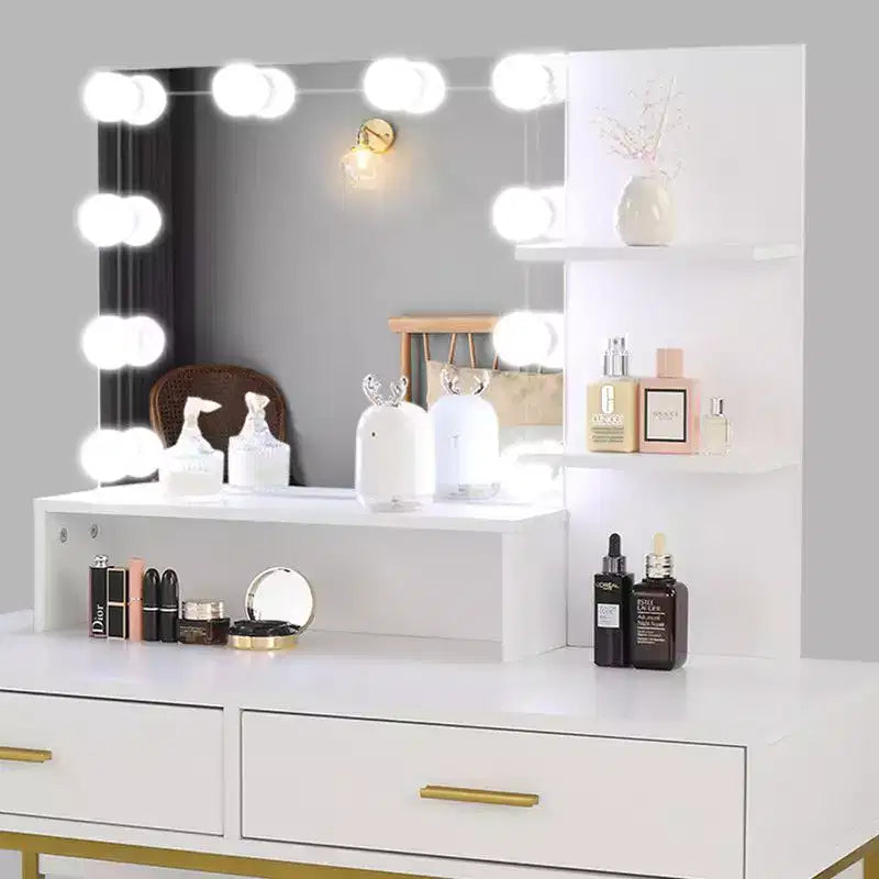 Table de toilette de luxe avec miroir, tiroirs, étagères, pieds en fer, ampoule dimmable, trois couleurs, panneau de particules en lin blanc