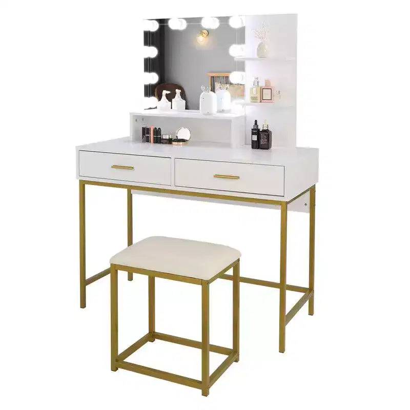 Table de toilette de luxe avec miroir, tiroirs, étagères, pieds en fer, ampoule dimmable, trois couleurs, panneau de particules en lin blanc