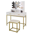 Table de toilette de luxe avec miroir, tiroirs, étagères, pieds en fer, ampoule dimmable, trois couleurs, panneau de particules en lin blanc
