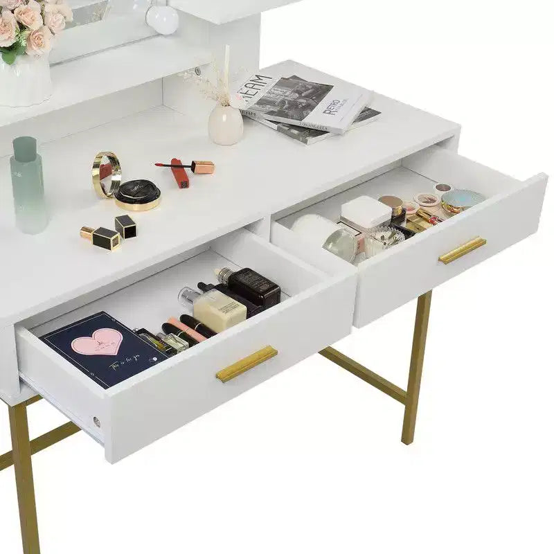 Table de toilette de luxe avec miroir, tiroirs, étagères, pieds en fer, ampoule dimmable, trois couleurs, panneau de particules en lin blanc