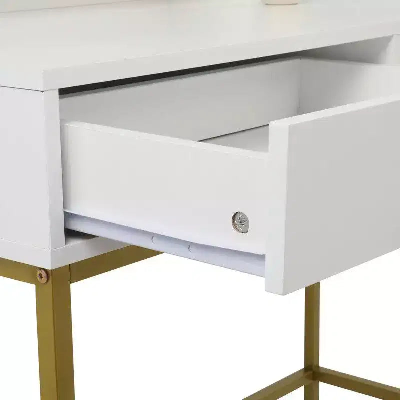 Table de toilette de luxe avec miroir, tiroirs, étagères, pieds en fer, ampoule dimmable, trois couleurs, panneau de particules en lin blanc